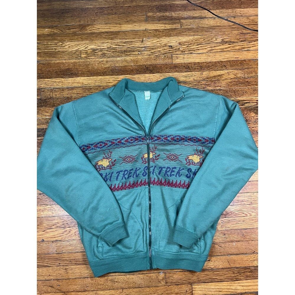 Vintage SIMS Made In Italy Full Zip Up Ski Trek Green Knit‎ Sweater Mens Size M